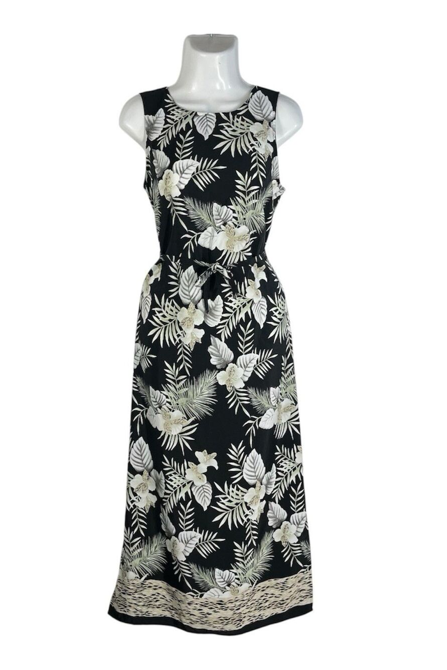 Kathie Lee Maxi Dress Small Black Tropical Palm Sleeveless Belted Boho Cruise